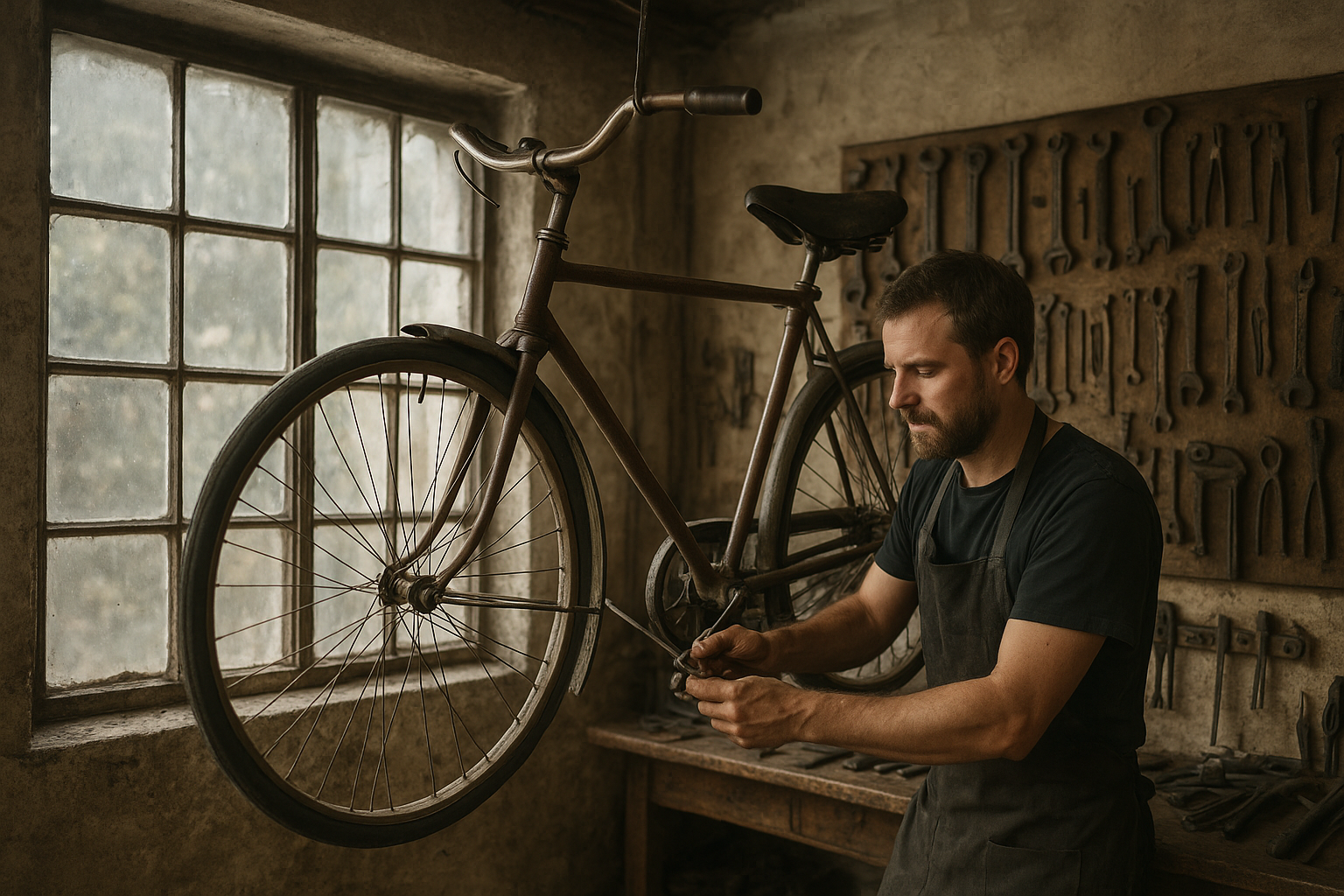 Fahrradreparatur in rustikalem Werkstattstudio2